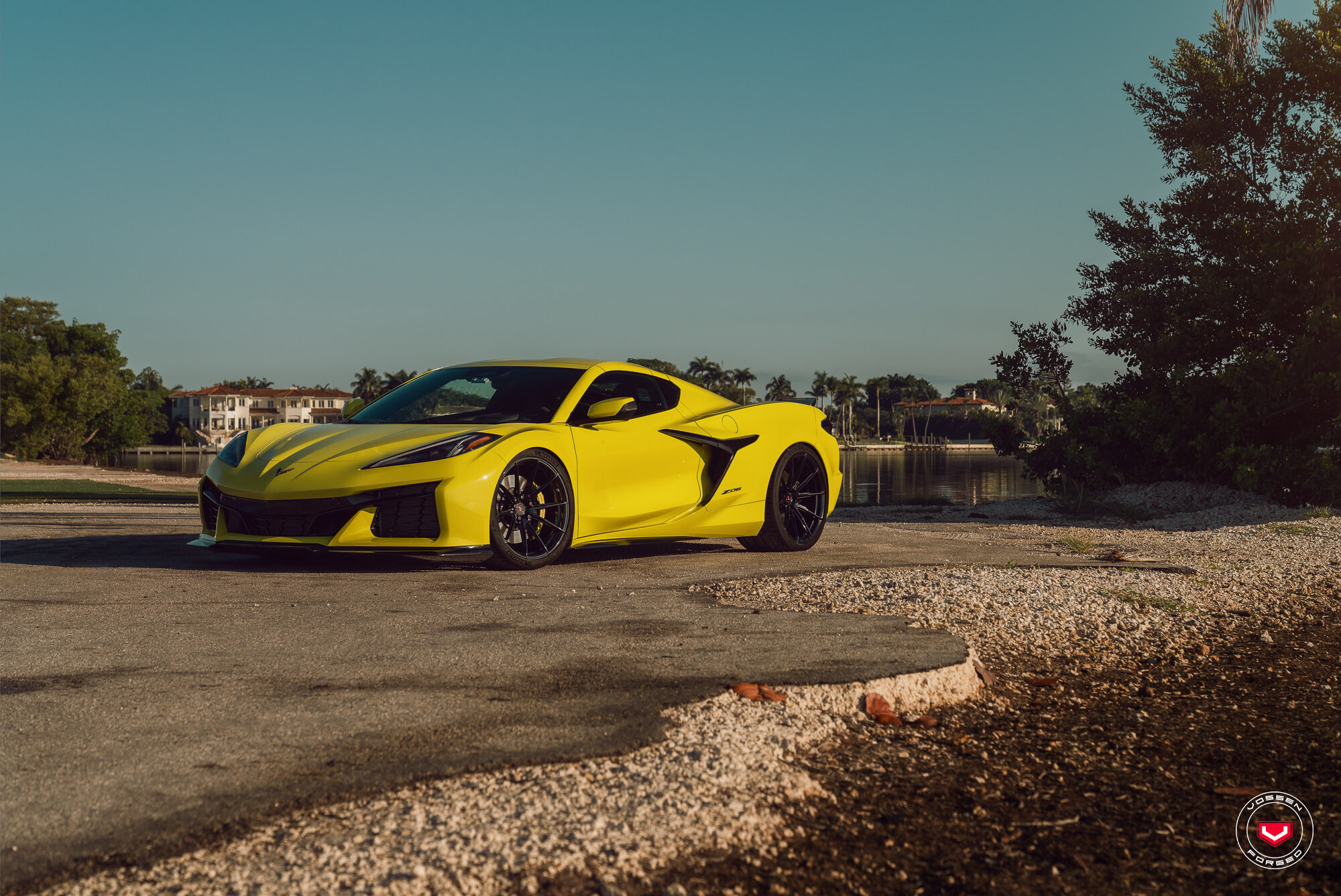 Corvette C8 Z06 front three-quarter at the waterfront